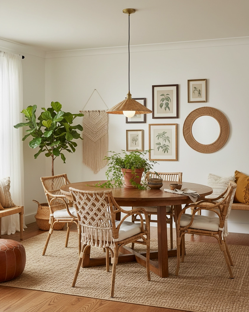 Single natural rattan pendant lamp hanging over wooden dining table in bohemian rustic interior