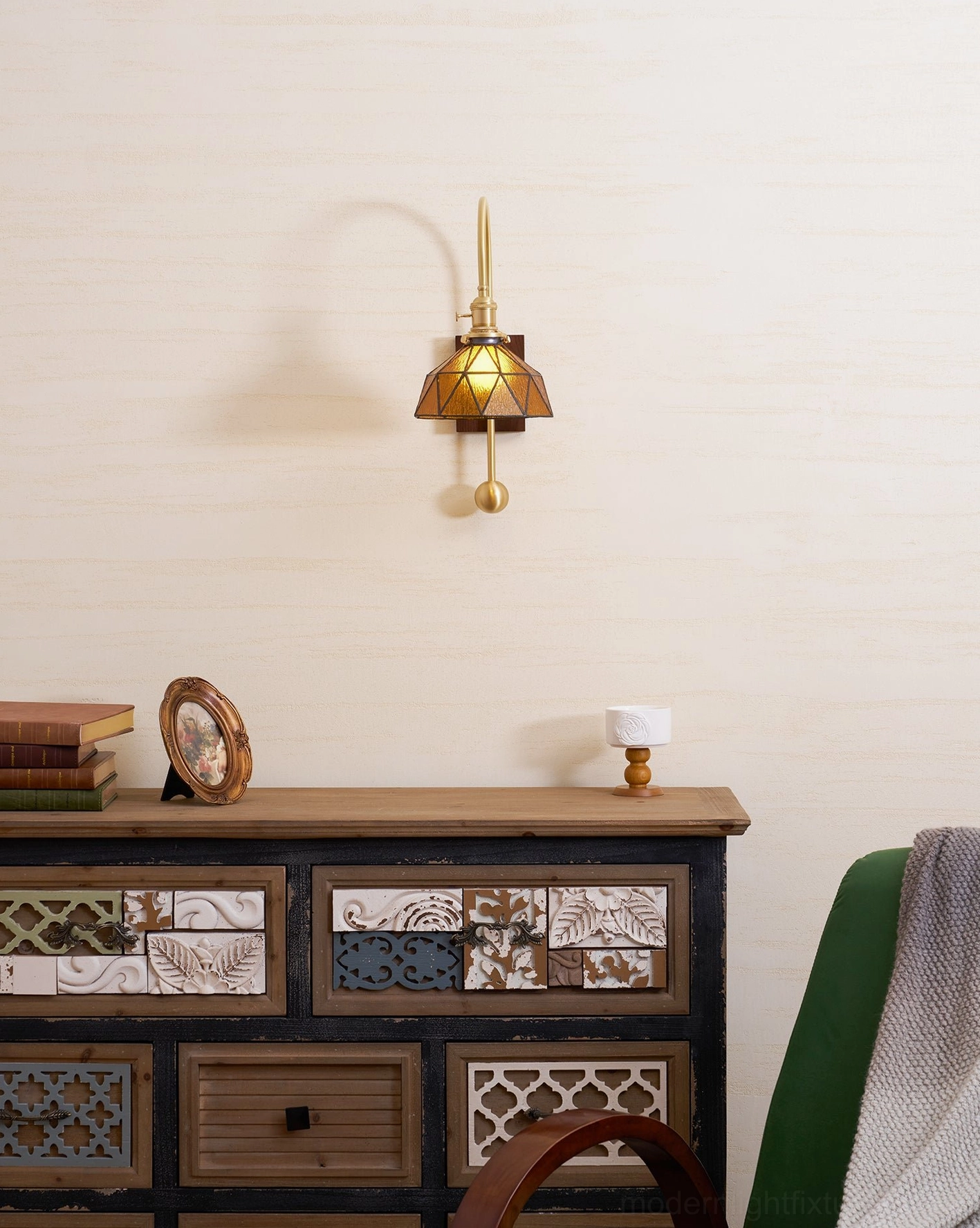 Artisanal stained glass wall sconce perfect for eclectic and bohemian home decor