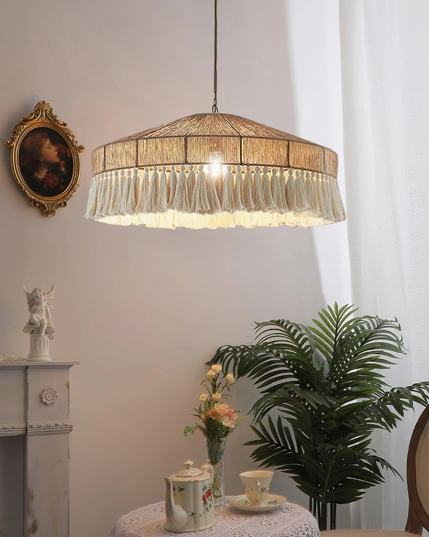 Bohemian tassel pendant lamp showing cascading fringe detail and conical shade silhouette with warm light diffusion through natural woven material