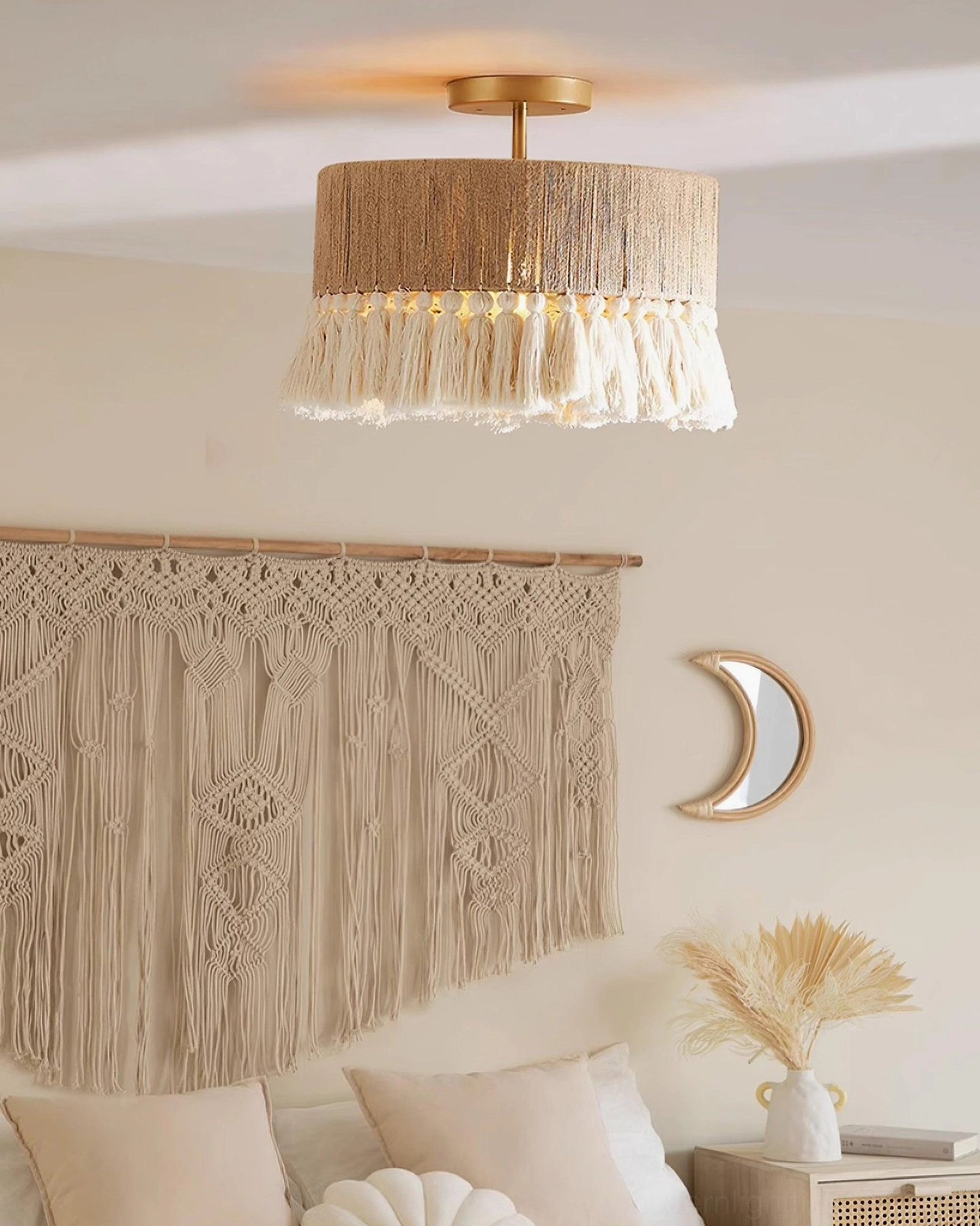 Bohemian tassel pendant lamp creating warm ambient lighting in residential interior