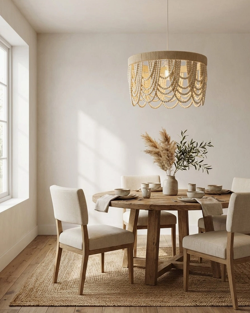 Handcrafted wooden bead fringe pendant light hanging above dining table with neutral bohemian decor and natural window light