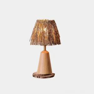 Bohemian handwoven straw table lamp with natural wood conical base, studio flat view
