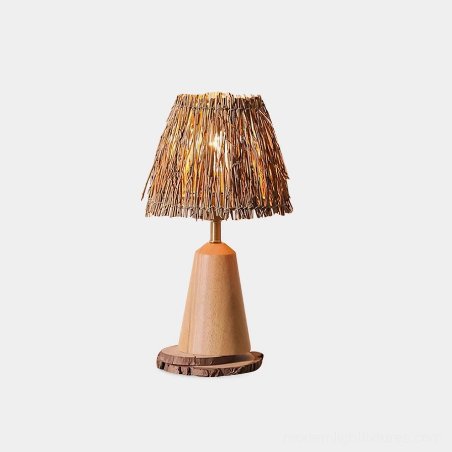 Bohemian handwoven straw table lamp with natural wood conical base, studio flat view