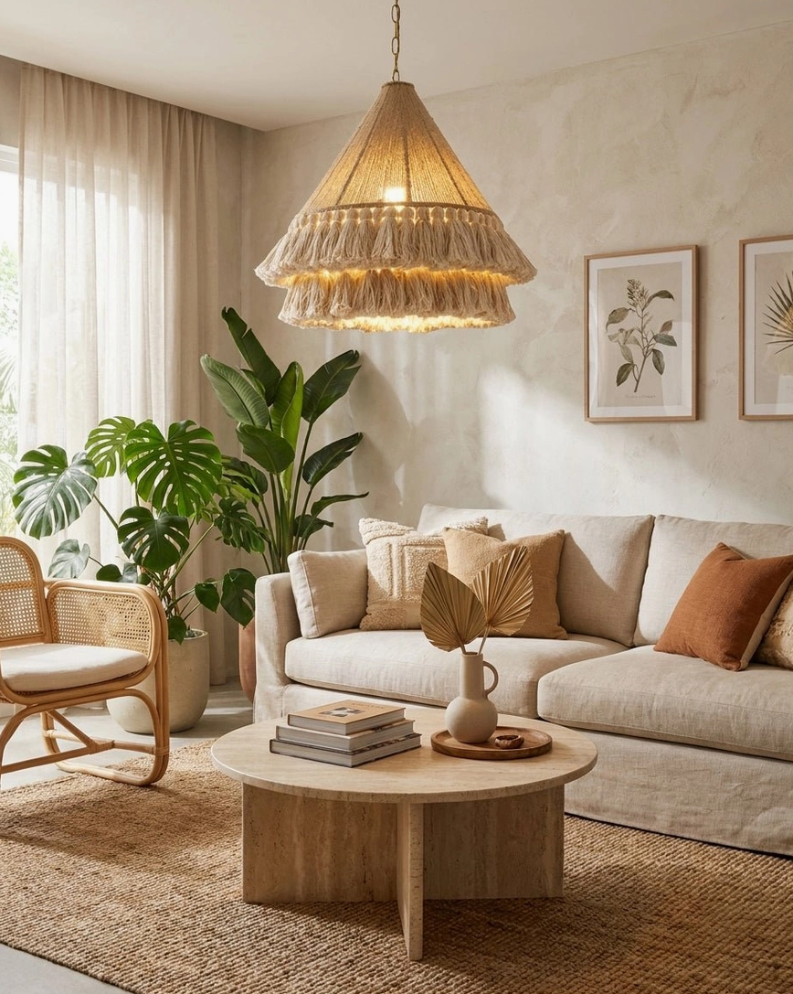 Bohemira hand-wound jute tassel pendant illuminated in boho living room with rattan furniture and neutral decor
