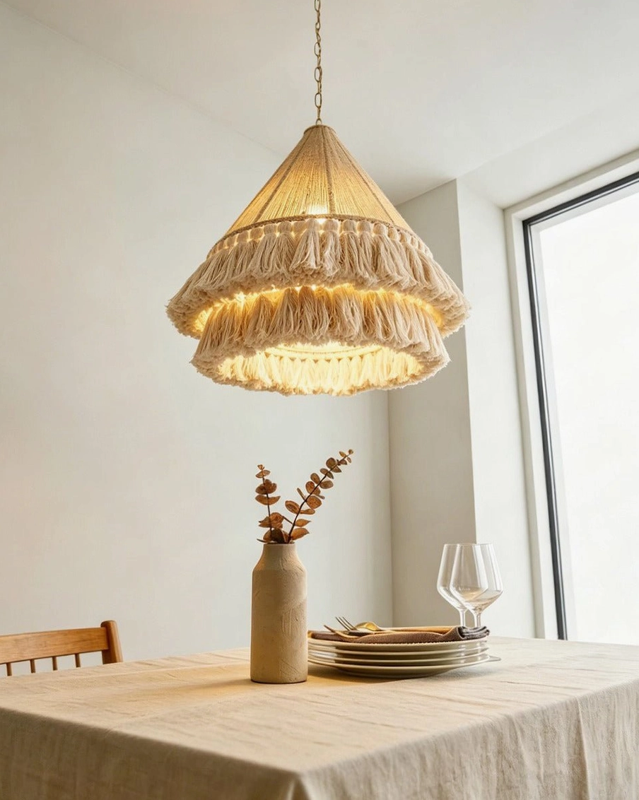 Bohemira hand-wound jute tassel pendant with detailed double-tier cotton fringe and woven cone texture, overhead dining angle