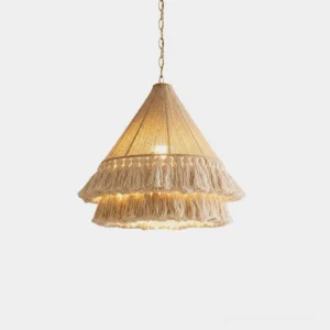 Bohemira bohemian tassel pendant light with hand-wound natural jute rope cone and double-tier cotton fringe, studio front view
