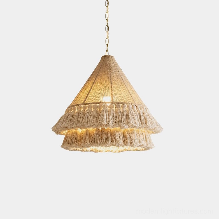 Bohemira bohemian tassel pendant light with hand-wound natural jute rope cone and double-tier cotton fringe, studio front view