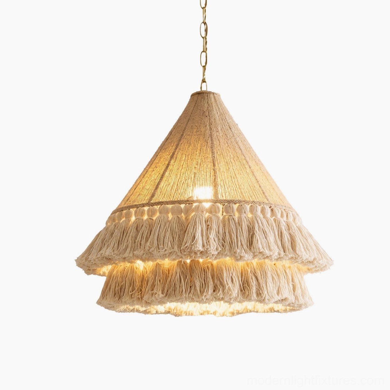 Bohemira bohemian tassel pendant large size, hand-wound natural jute cone with double-tier cotton fringe and gold chain