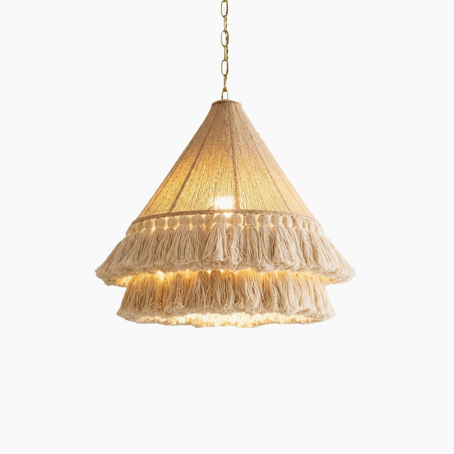 Bohemira bohemian tassel pendant medium size with natural jute rope cone, cream cotton fringe, and gold-tone chain