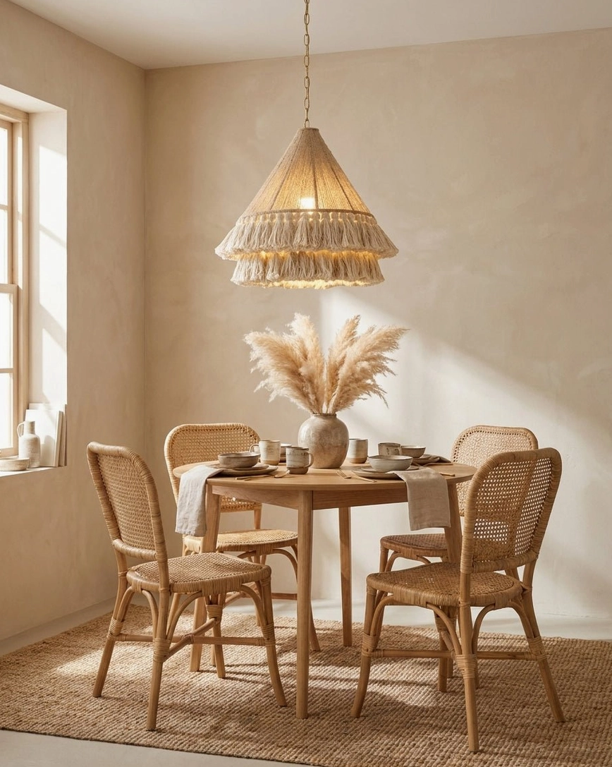 Bohemira natural fiber tassel pendant light illuminated over dining table, showing soft glow through woven jute gaps