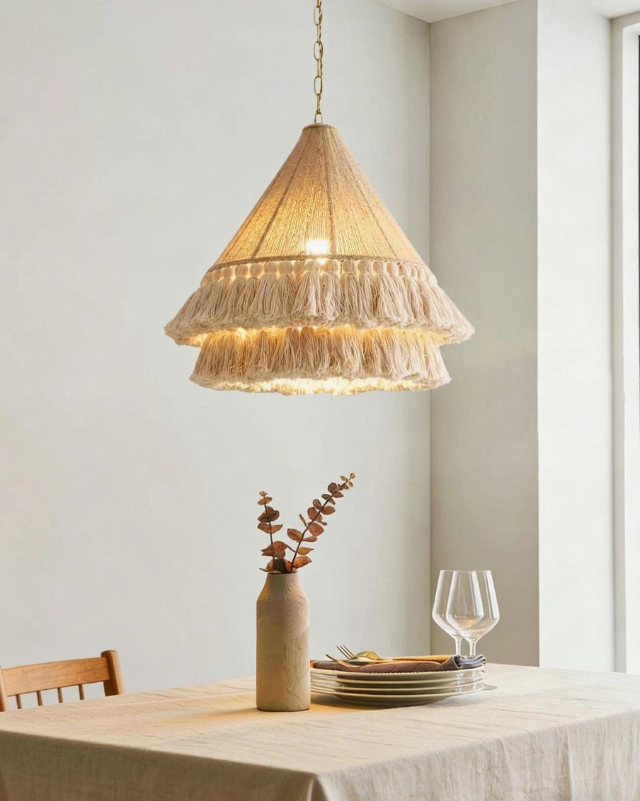 Bohemira jute cone pendant with double cotton fringe photographed directly above dining table, detail shot of tassel layers