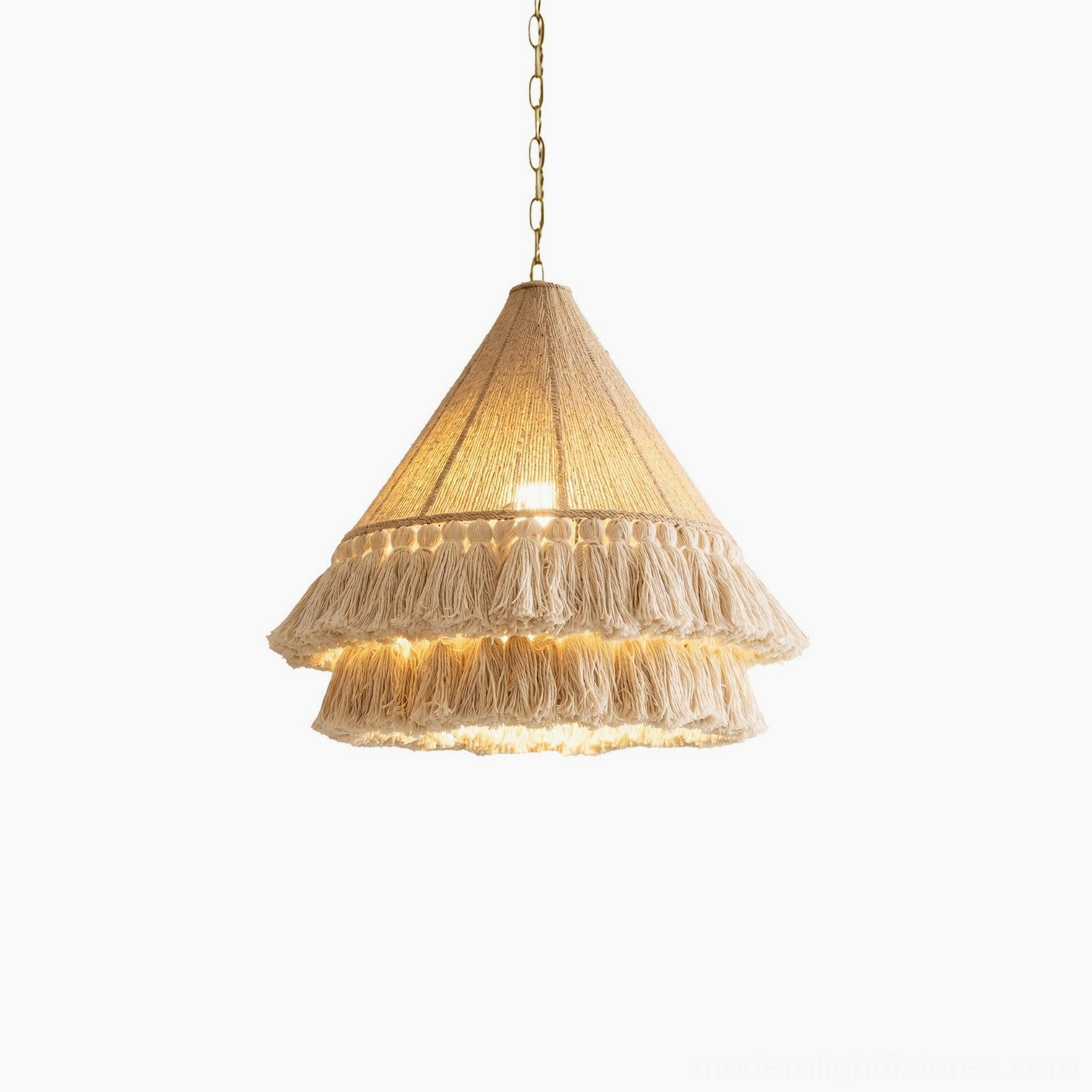 Bohemira bohemian hand-wound jute tassel pendant light small size, natural tan cone with gold chain suspension