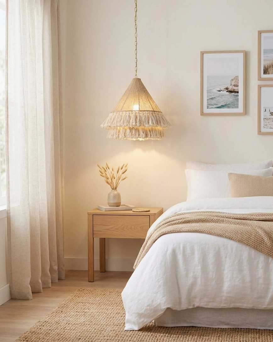 Bohemira bohemian tassel pendant in bedroom with warm ambient lighting and cozy boho decor