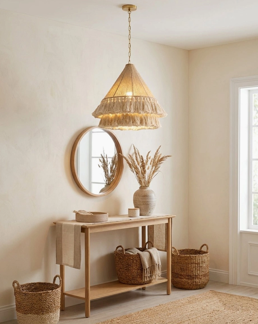 Bohemira coastal grandma tassel pendant light in bohemian entryway vanity space with warm natural lighting