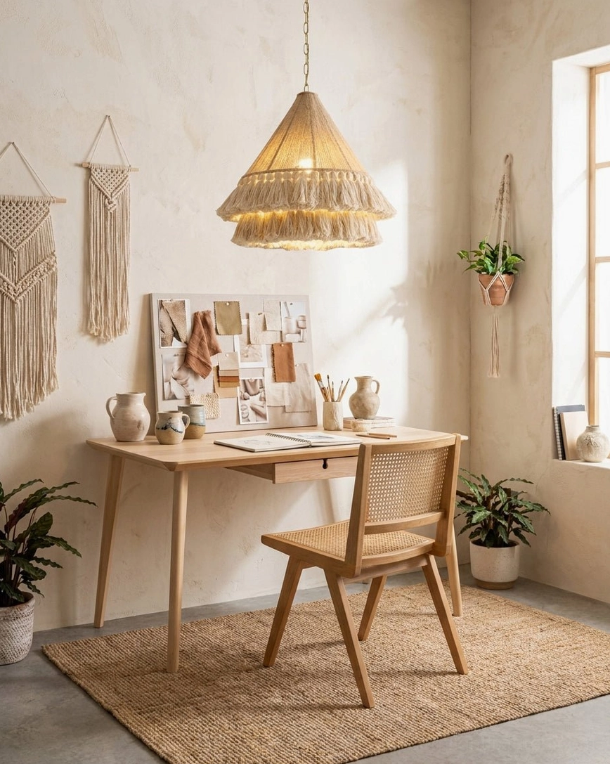 Bohemira bohemian tassel pendant in family dining room with rattan furniture and warm interior styling
