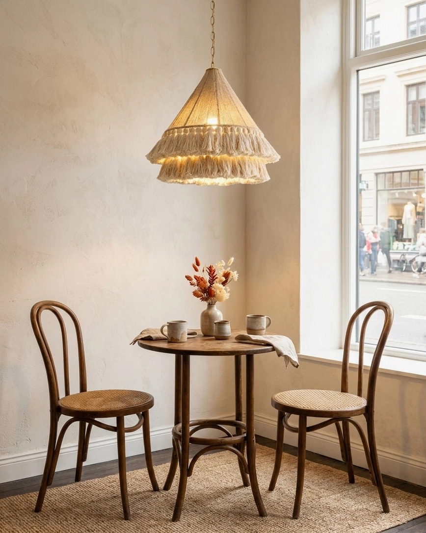 Bohemira natural fiber tassel pendant hanging near window in minimalist dining nook with bentwood chairs