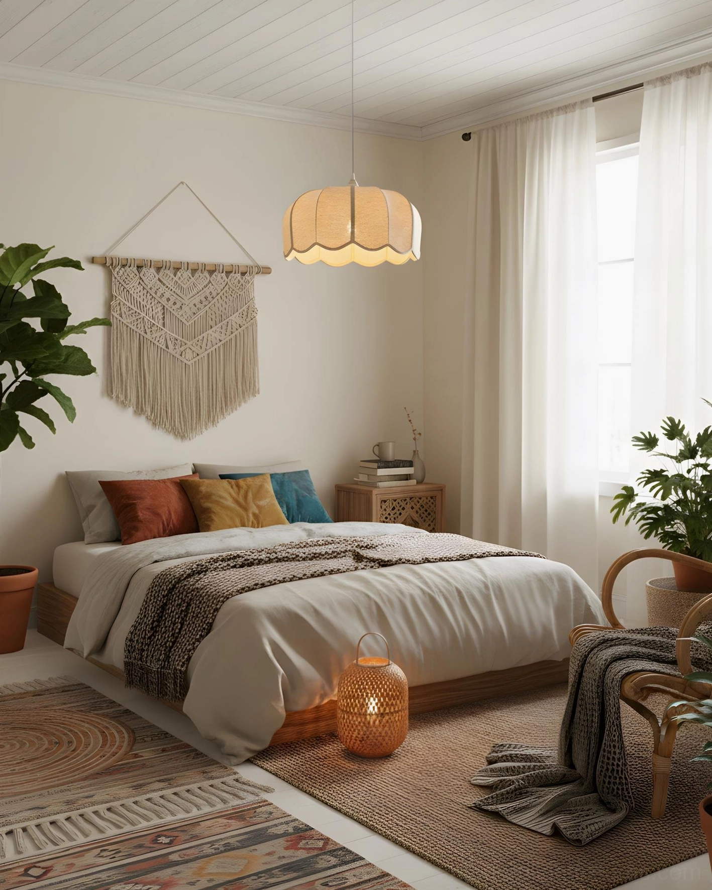 Scalloped pendant fixture in warm bohemian bedroom coordinating with macrame wall decor