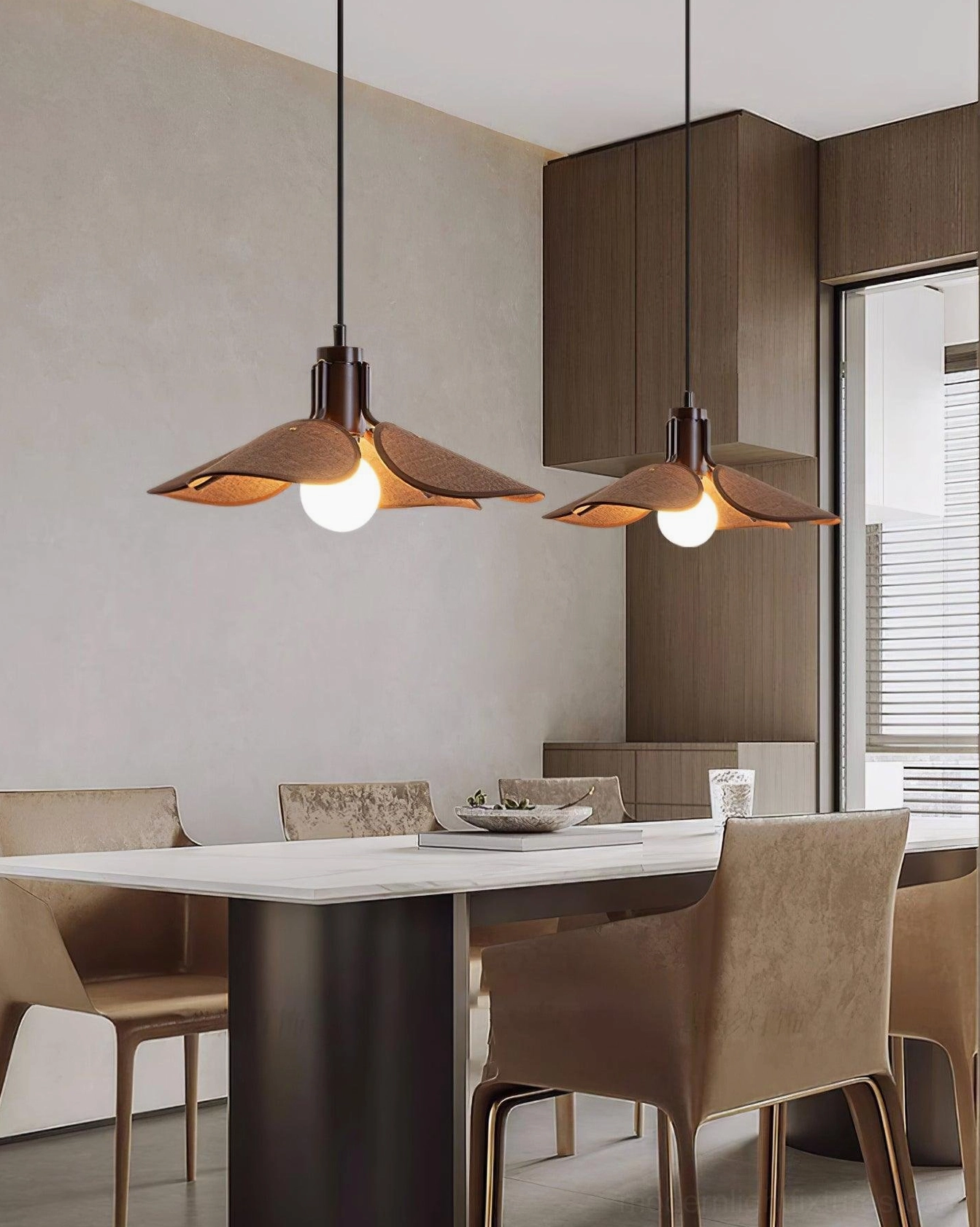 Boho flower petal rattan pendant lamp with dark brown hardware in minimalist interior setting
