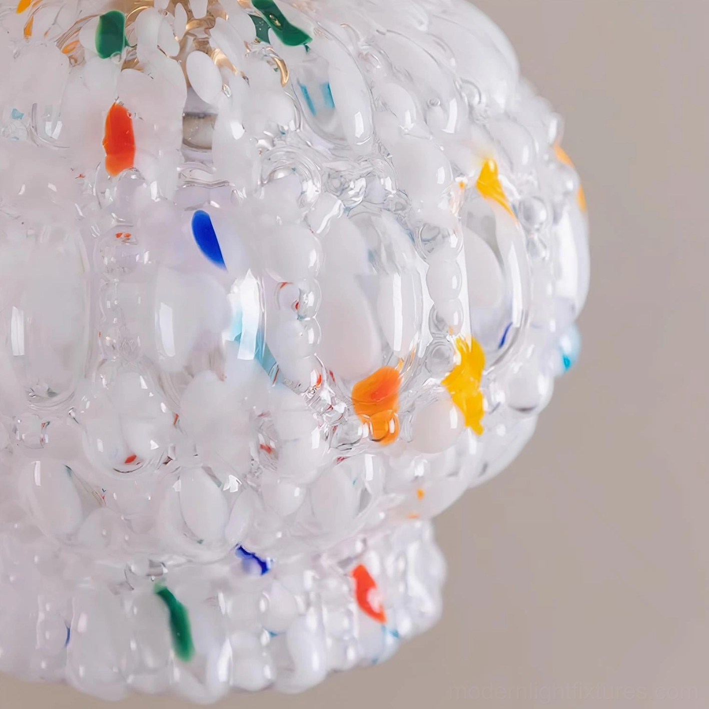 Kano Bubbles glass bubble pendant light in modern bohemian interior, sculptural frosted shade with speckles and brass fixture