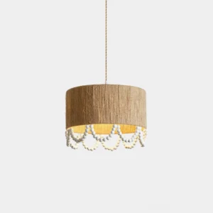 Bohemian jute drum pendant lamp with white beaded scalloped fringe, top-down studio view