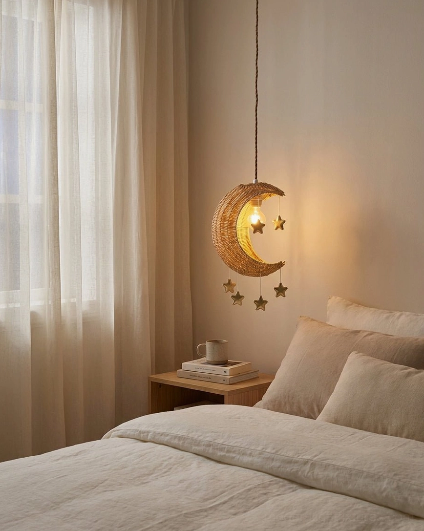 Rattan moon pendant light installed in warm neutral bedroom beside bed - soft ambient glow through woven shade