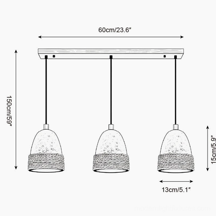 3-head linear pendant light fixture technical drawing with 60cm mounting bar and 150cm drop specifications