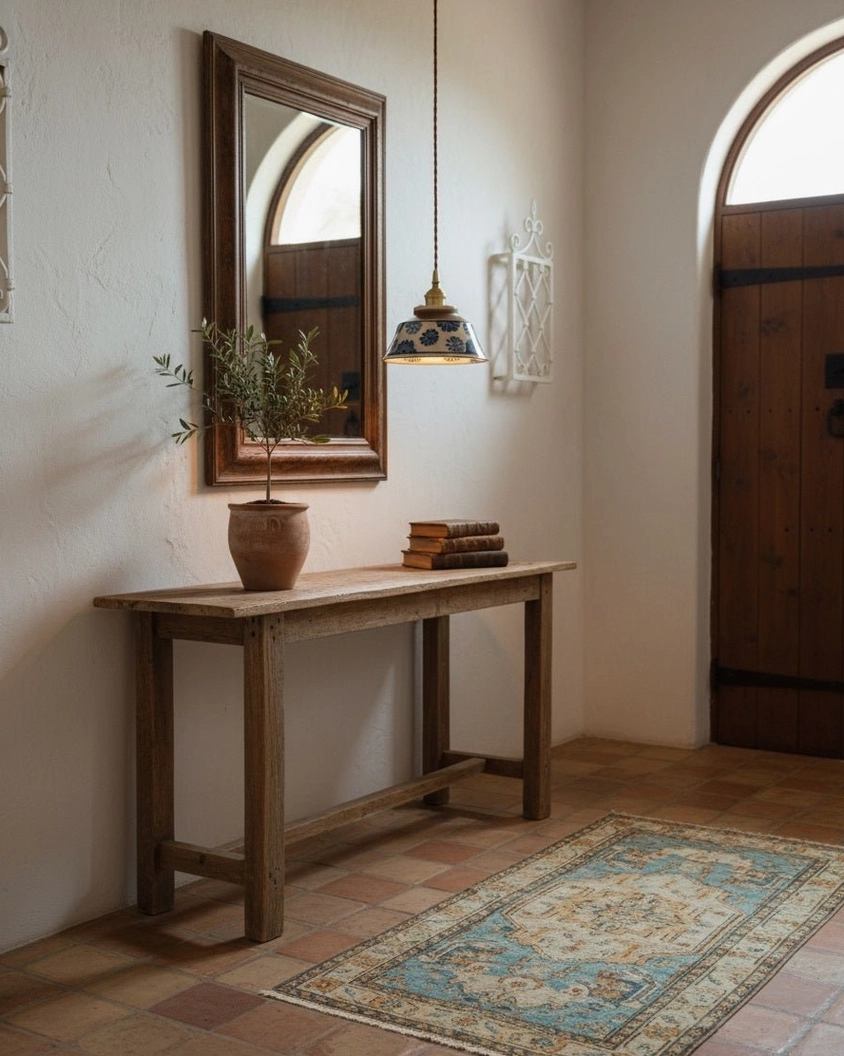 Vintage-inspired entryway with ceramic pendant light above console table and mirror wall decor