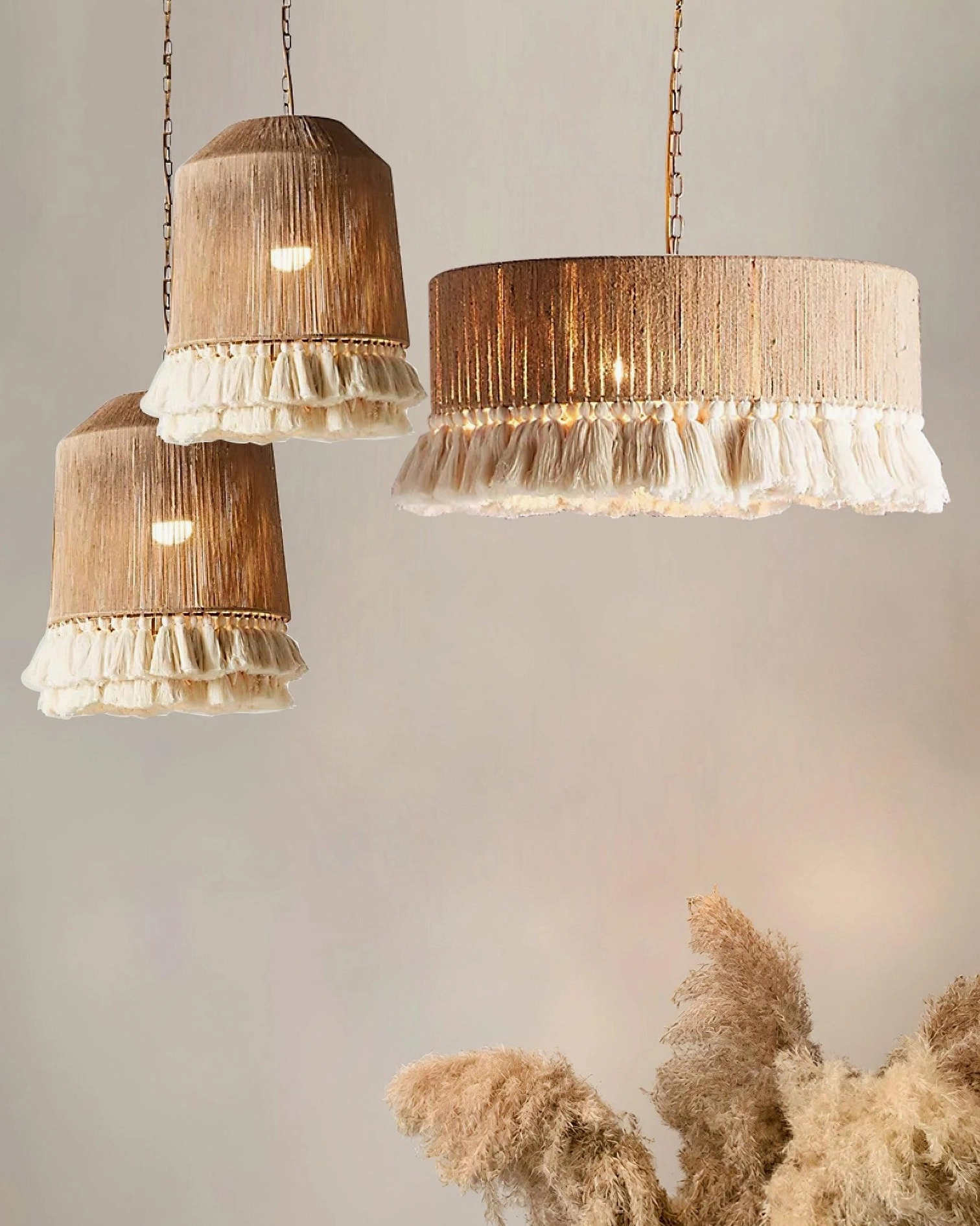 Boho tassel pendant light fixture detail showing hand-woven cotton gauze construction