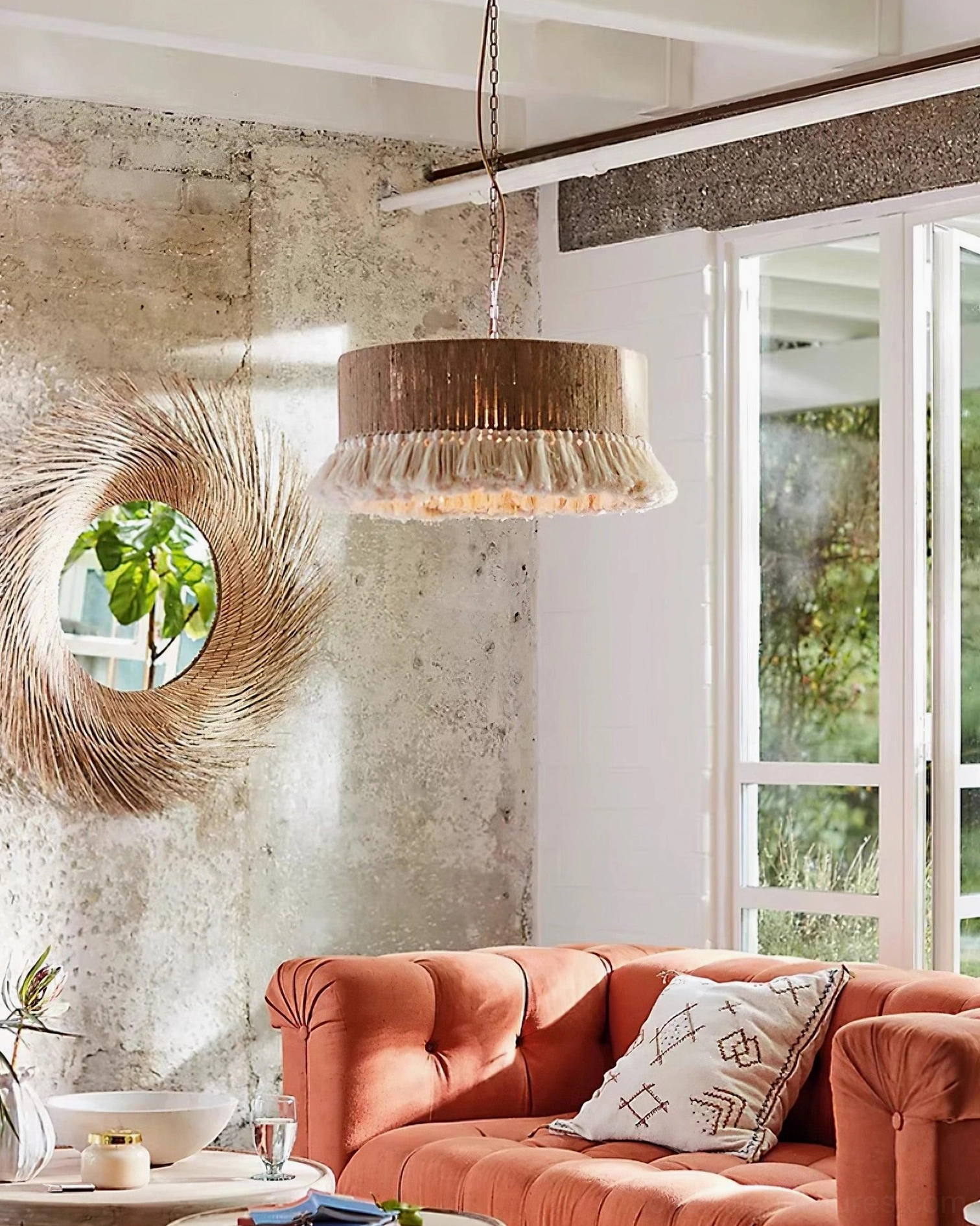 Handwoven boho pendant light in rustic bohemian living room interior setting