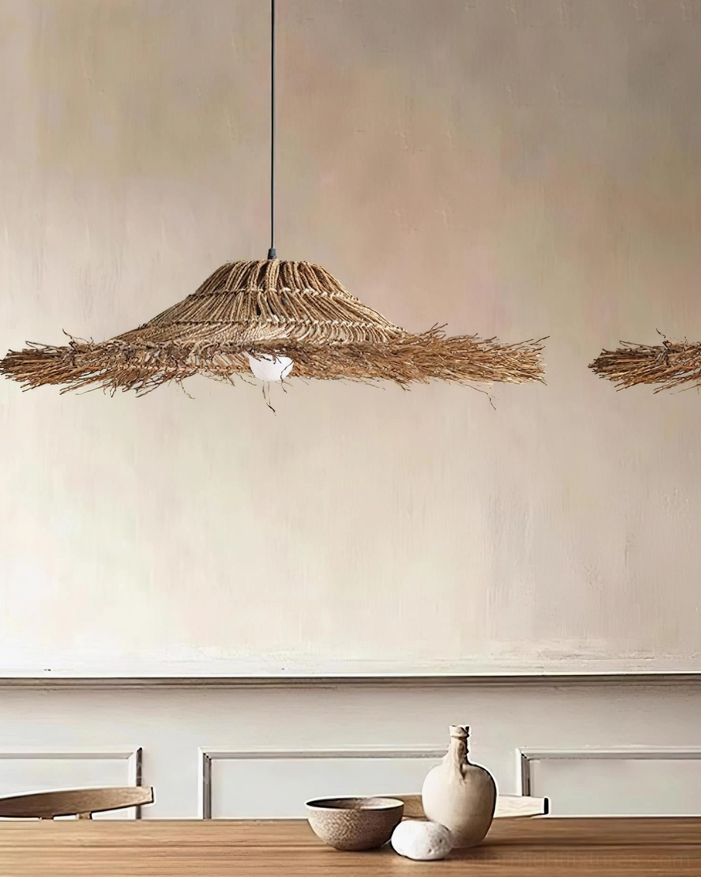 Boho rattan pendant lamp creating warm ambiance in bedroom nook, filtered light casting shadow patterns through woven shade