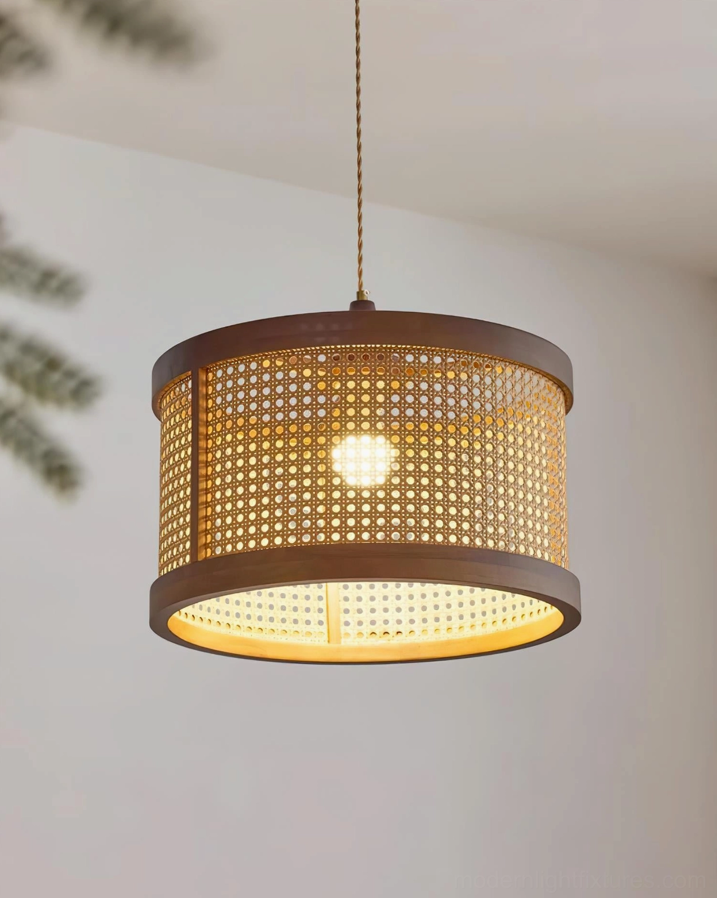 Boho rattan pendant light in residential corner with warm ambient illumination