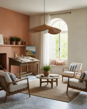 Wide flared rattan pendant ceiling lamp installed in warm bohemian living room with cozy ambient lighting