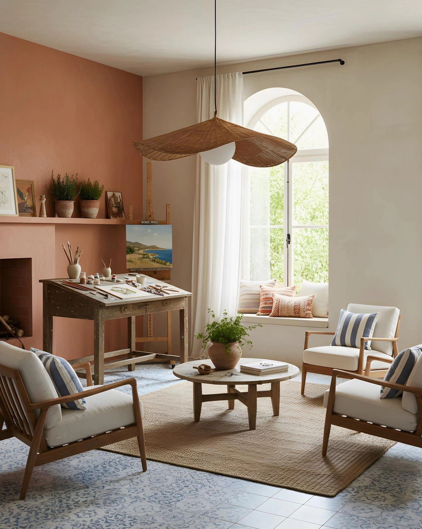 Wide flared rattan pendant ceiling lamp installed in warm bohemian living room with cozy ambient lighting