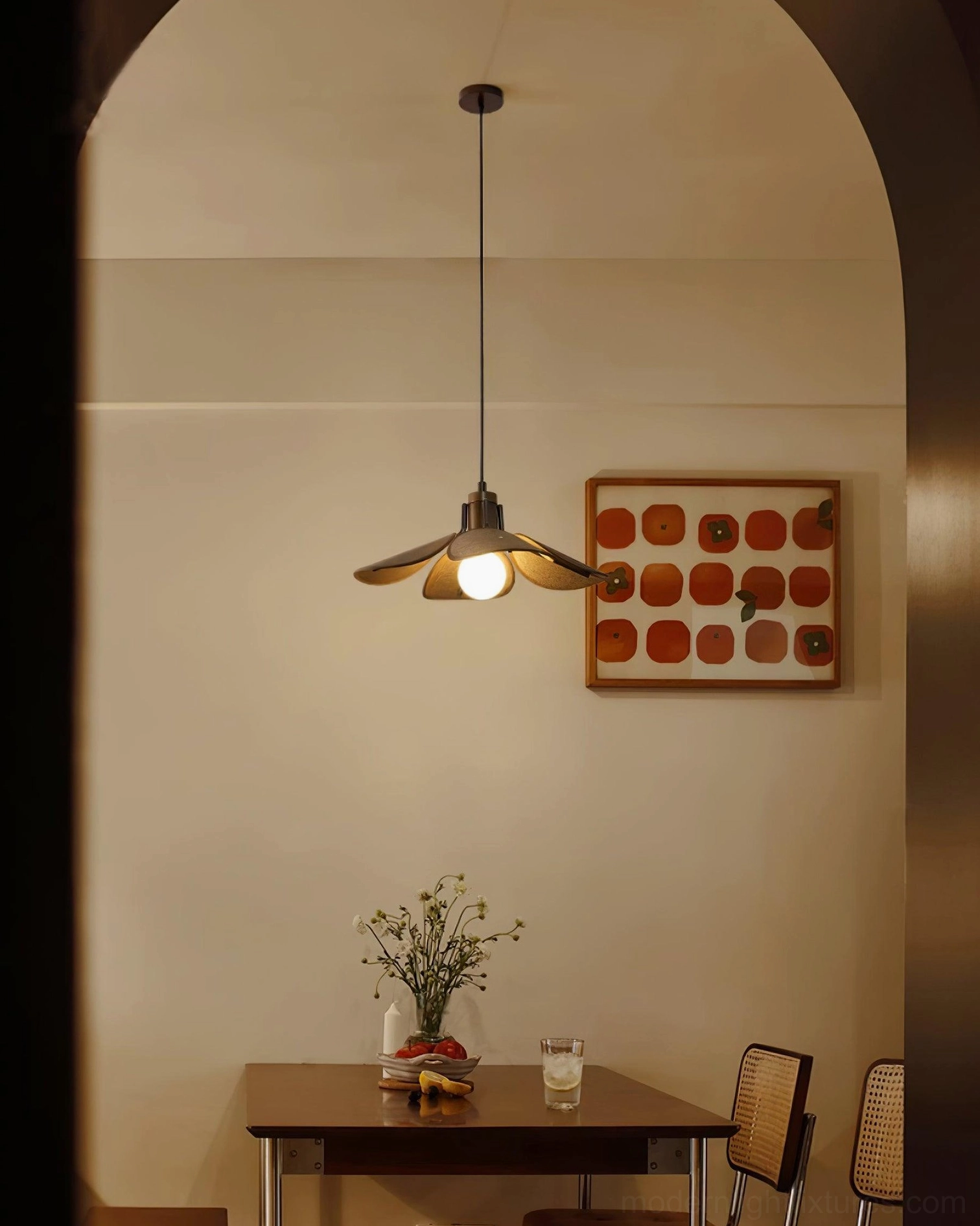 Boho rattan pendant with wood and fabric shade in contemporary eclectic home interior
