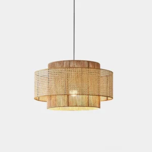 Boho rattan weaving pendant light with double-layer woven structure, front low-angle view showcasing intricate natural weaving patterns