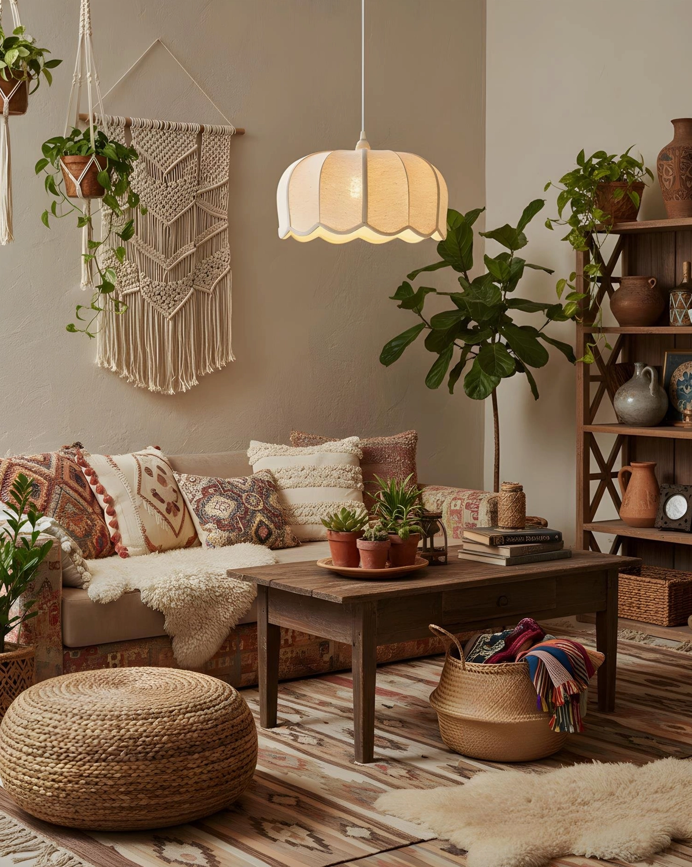 Contemporary scalloped pendant light in cozy bohemian lounge with rustic home decor accents