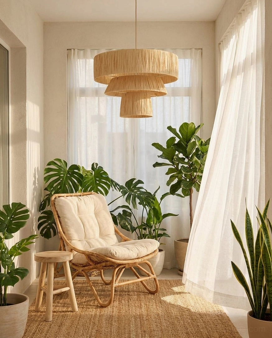 Bravina tiered woven pendant light in sunlit seating area with rattan furniture and green potted plants, boho decor style