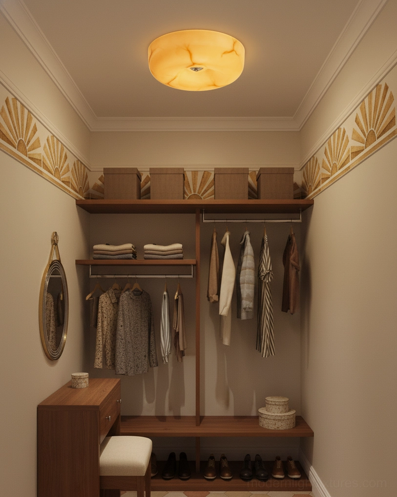 Marbled amber ceiling light fixture in bohemian walk-in closet dressing room setting