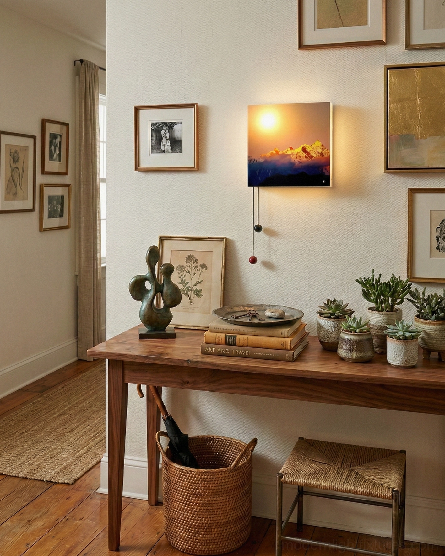 Contemporary LED wall sconce as gallery wall focal point in boho eclectic home workspace interior