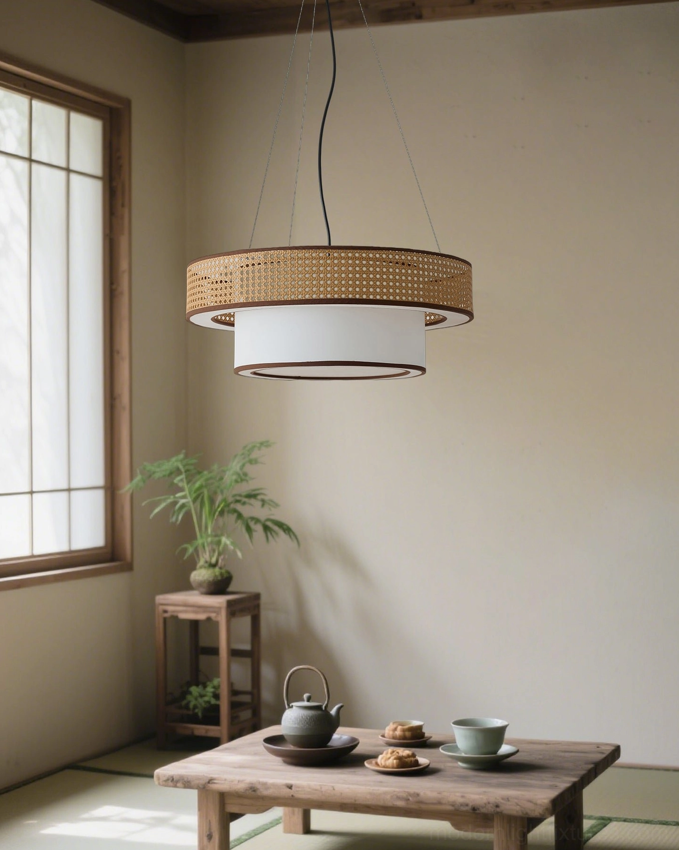 Boho rattan woven pendant chandelier studio product shot displaying natural rattan material quality and circular geometric design aesthetic