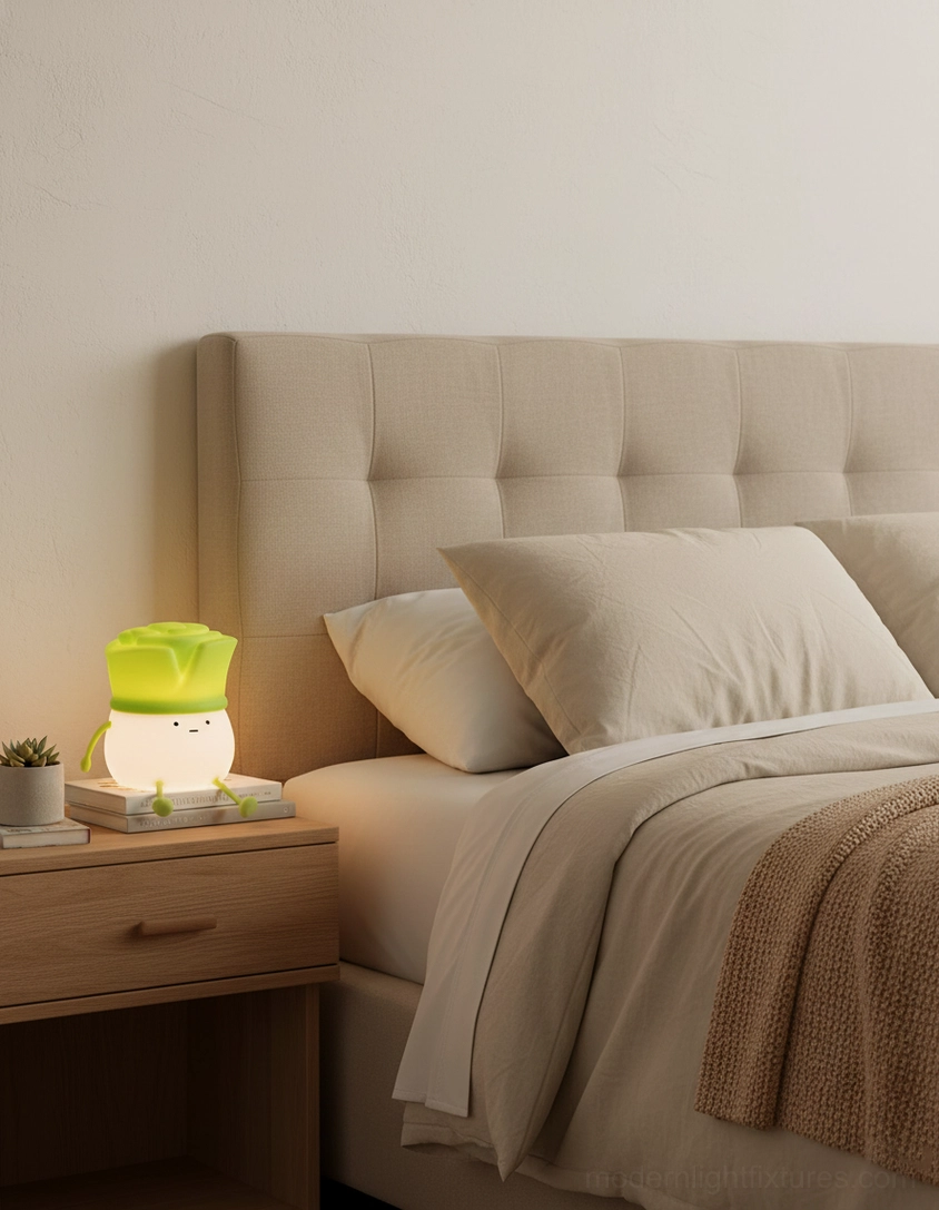 Cute bok choy night light on bedroom nightstand with tufted headboard