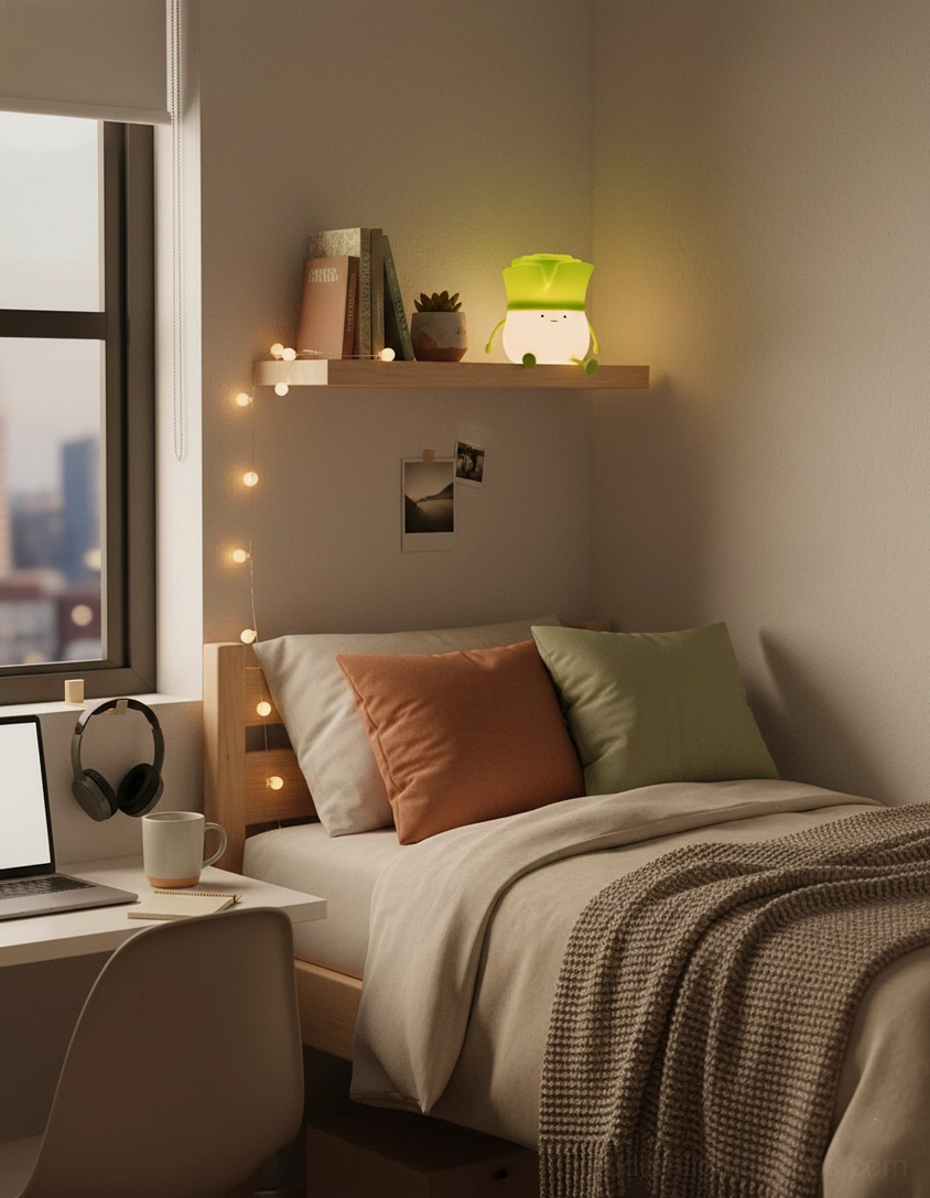 Bok choy character night light on floating wall shelf with string lights