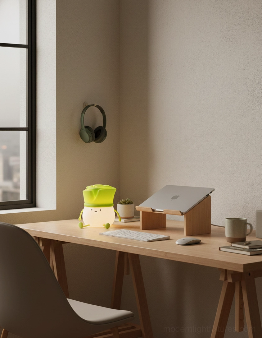 Bok choy silicone night light on study desk with laptop and stationery