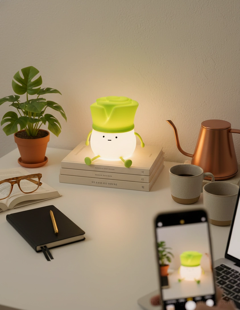 Bok choy night light tap switch control detail soft silicone texture