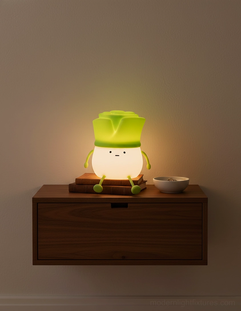 Bok choy silicone night light on wooden bedside cabinet with cozy lighting