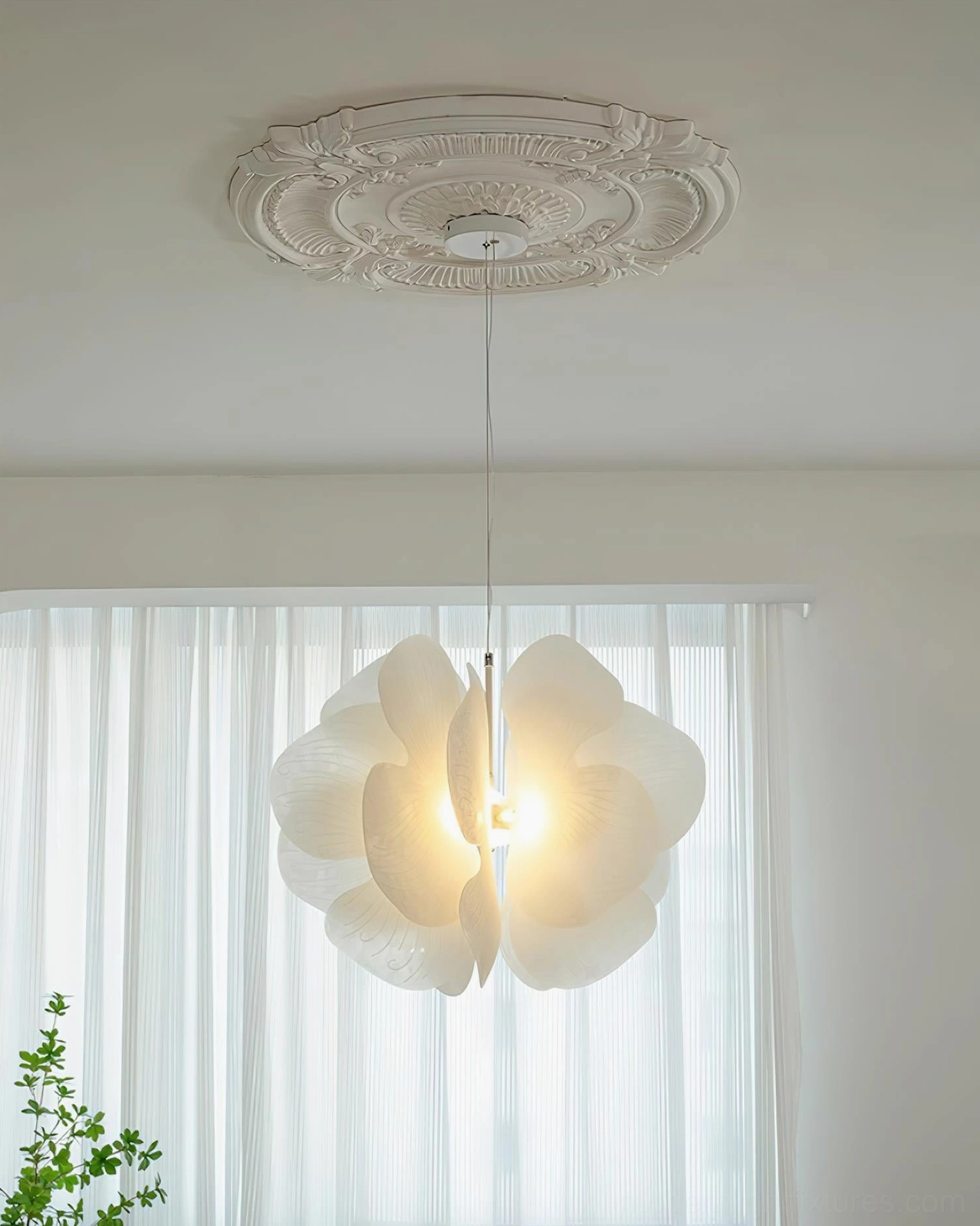 Bolide ceiling-mounted pendant lamp on ornate medallion - french style room with white flower shape