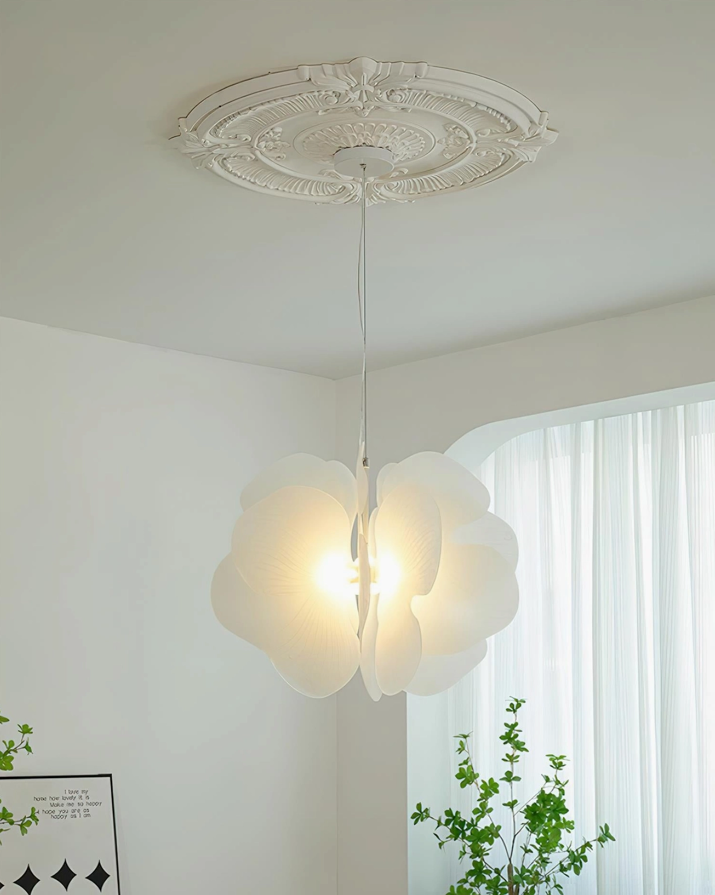 Bolide warm white pendant light in contemporary bedroom - ceiling fixture with soft diffused illumination