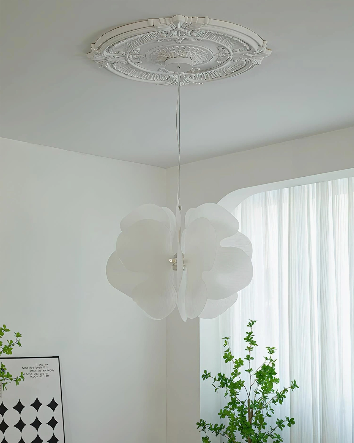 Bolide white floral pendant lamp off unlit state - modern petal design in residential interior