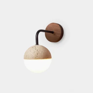 Bolle travertine wall sconce with half-sphere white stone body and walnut backplate on white background