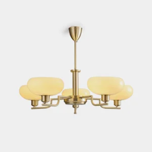 Bonnie 5-head brass chandelier with opal glass shades, studio product shot on white background